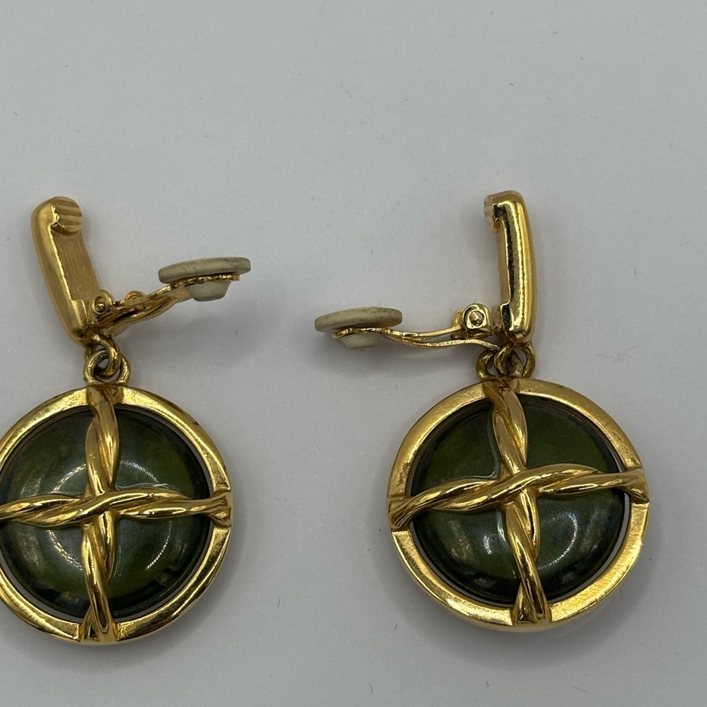 Vintage Givenchy Cabochon Clip On Chunky Green Gold Logo Drop Earrings - Picture 3 of 4